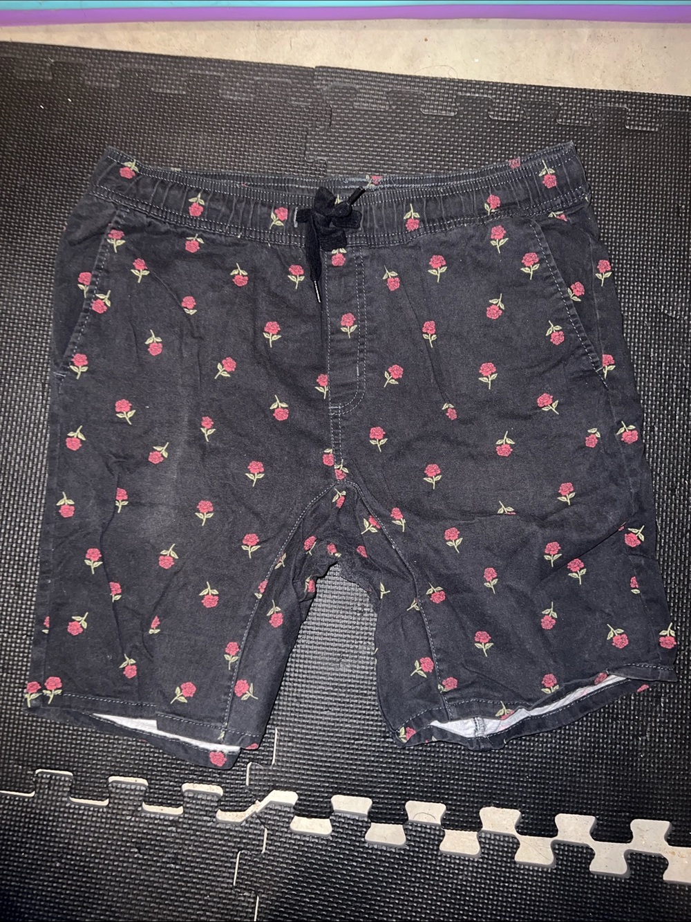 George Men's Black Shorts with Pink Rose Print